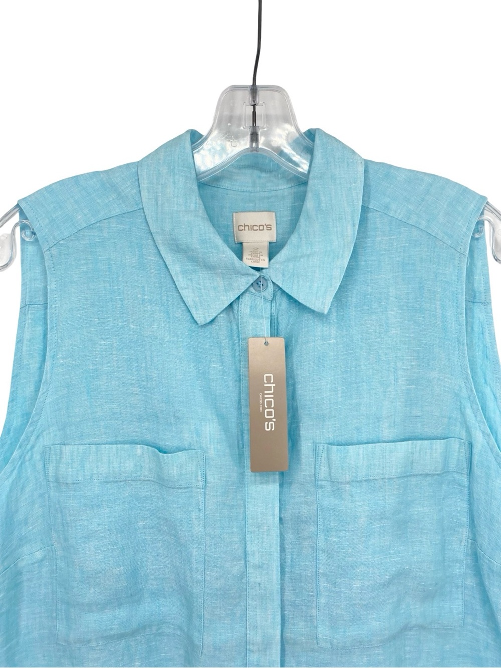 Chico’s Linen Side Slit Tunic Shirt in Aqua Button Down New Size Large - Picture 3 of 11
